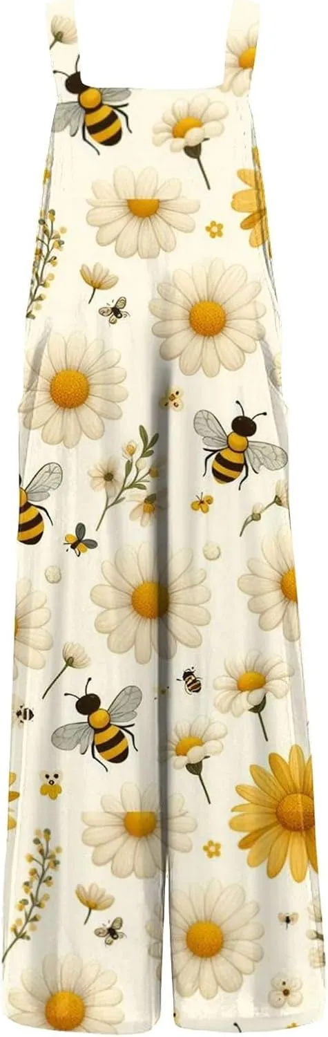 Summer Jumpsuits for Women 2024 Patchwork Casual Adjustable Straps Sleeveless Print Cute Linen Rompers With Pocket