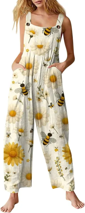 Summer Jumpsuits for Women 2024 Patchwork Casual Adjustable Straps Sleeveless Print Cute Linen Rompers With Pocket