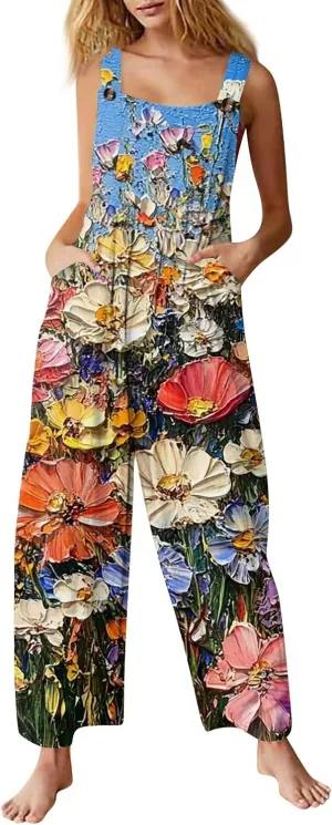 Summer Plus Size Floral Boho Cotton Linen Overalls for Women 2025 Print Wide Leg Jumpsuit Pants Rompers with Pockets