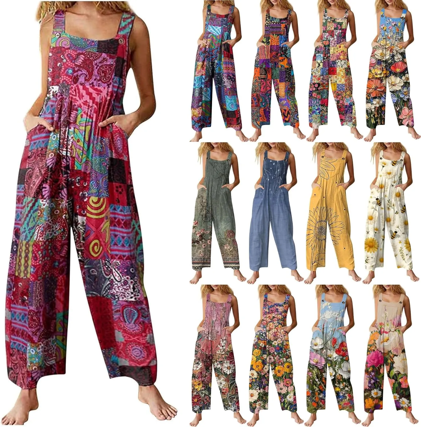 Summer Plus Size Floral Boho Cotton Linen Overalls for Women 2025 Print Wide Leg Jumpsuit Pants Rompers with Pockets