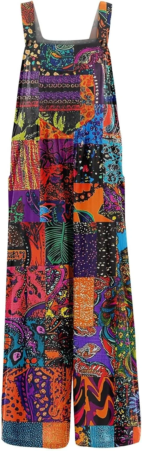 Summer Plus Size Floral Boho Cotton Linen Overalls for Women 2025 Print Wide Leg Jumpsuit Pants Rompers with Pockets