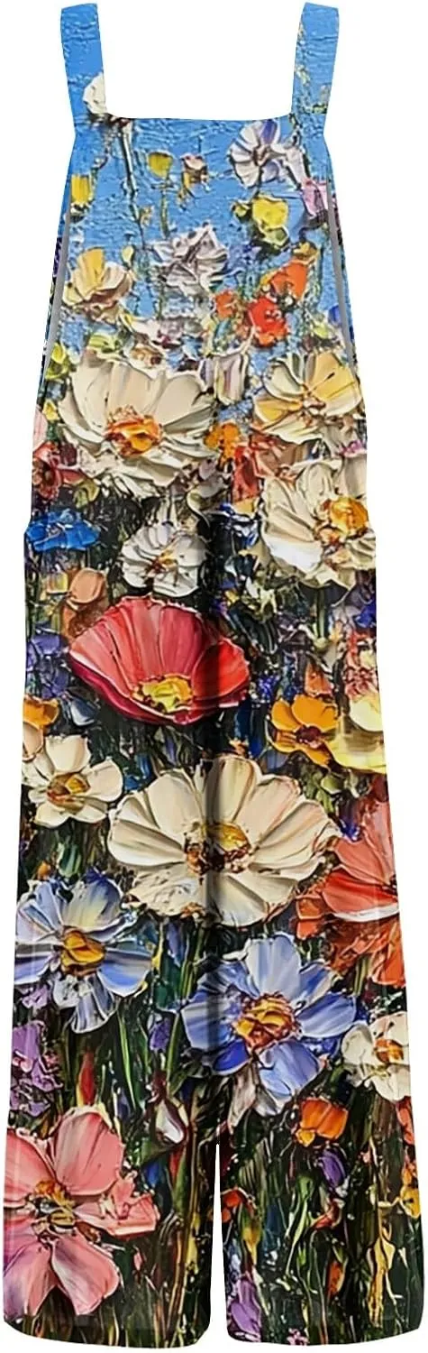 Summer Plus Size Floral Boho Cotton Linen Overalls for Women 2025 Print Wide Leg Jumpsuit Pants Rompers with Pockets