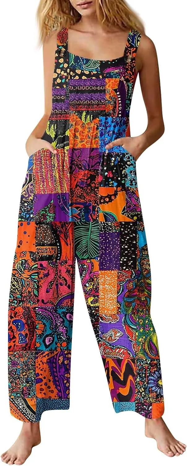 Summer Plus Size Floral Boho Cotton Linen Overalls for Women 2025 Print Wide Leg Jumpsuit Pants Rompers with Pockets