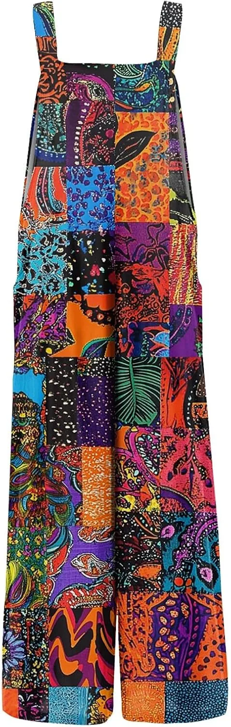 Summer Plus Size Floral Boho Cotton Linen Overalls for Women 2025 Print Wide Leg Jumpsuit Pants Rompers with Pockets