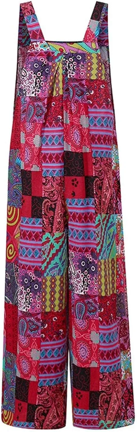 Summer Plus Size Floral Boho Cotton Linen Overalls for Women 2025 Print Wide Leg Jumpsuit Pants Rompers with Pockets