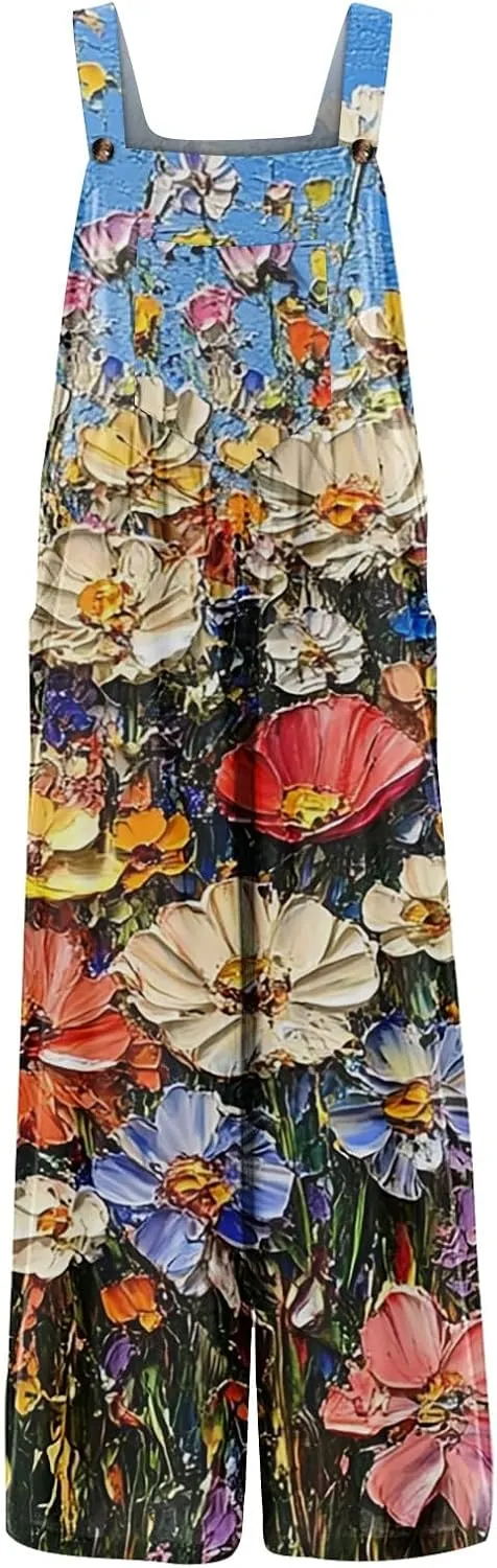 Summer Plus Size Floral Boho Cotton Linen Overalls for Women 2025 Print Wide Leg Jumpsuit Pants Rompers with Pockets