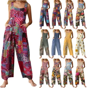 Summer Plus Size Floral Boho Cotton Linen Overalls for Women 2025 Print Wide Leg Jumpsuit Pants Rompers with Pockets