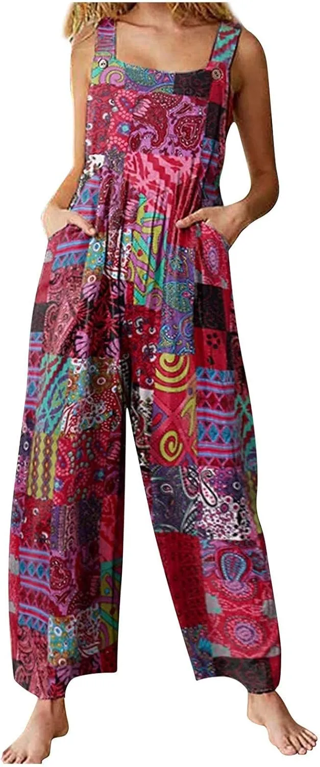 Summer Plus Size Floral Boho Cotton Linen Overalls for Women 2025 Print Wide Leg Jumpsuit Pants Rompers with Pockets