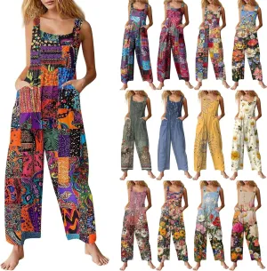 Summer Plus Size Floral Boho Cotton Linen Overalls for Women 2025 Print Wide Leg Jumpsuit Pants Rompers with Pockets