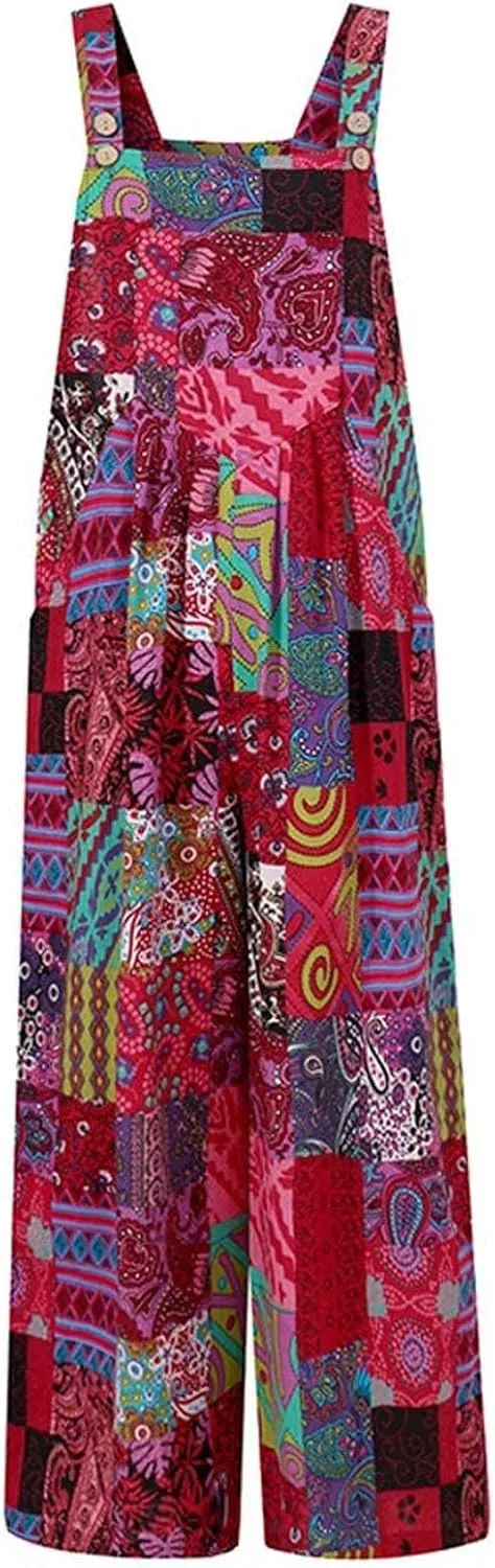 Summer Plus Size Floral Boho Cotton Linen Overalls for Women 2025 Print Wide Leg Jumpsuit Pants Rompers with Pockets