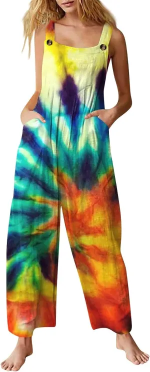 Summer Plus Size Floral Boho Cotton Linen Overalls for Women 2025 Print Wide Leg Jumpsuit Pants Rompers with Pockets