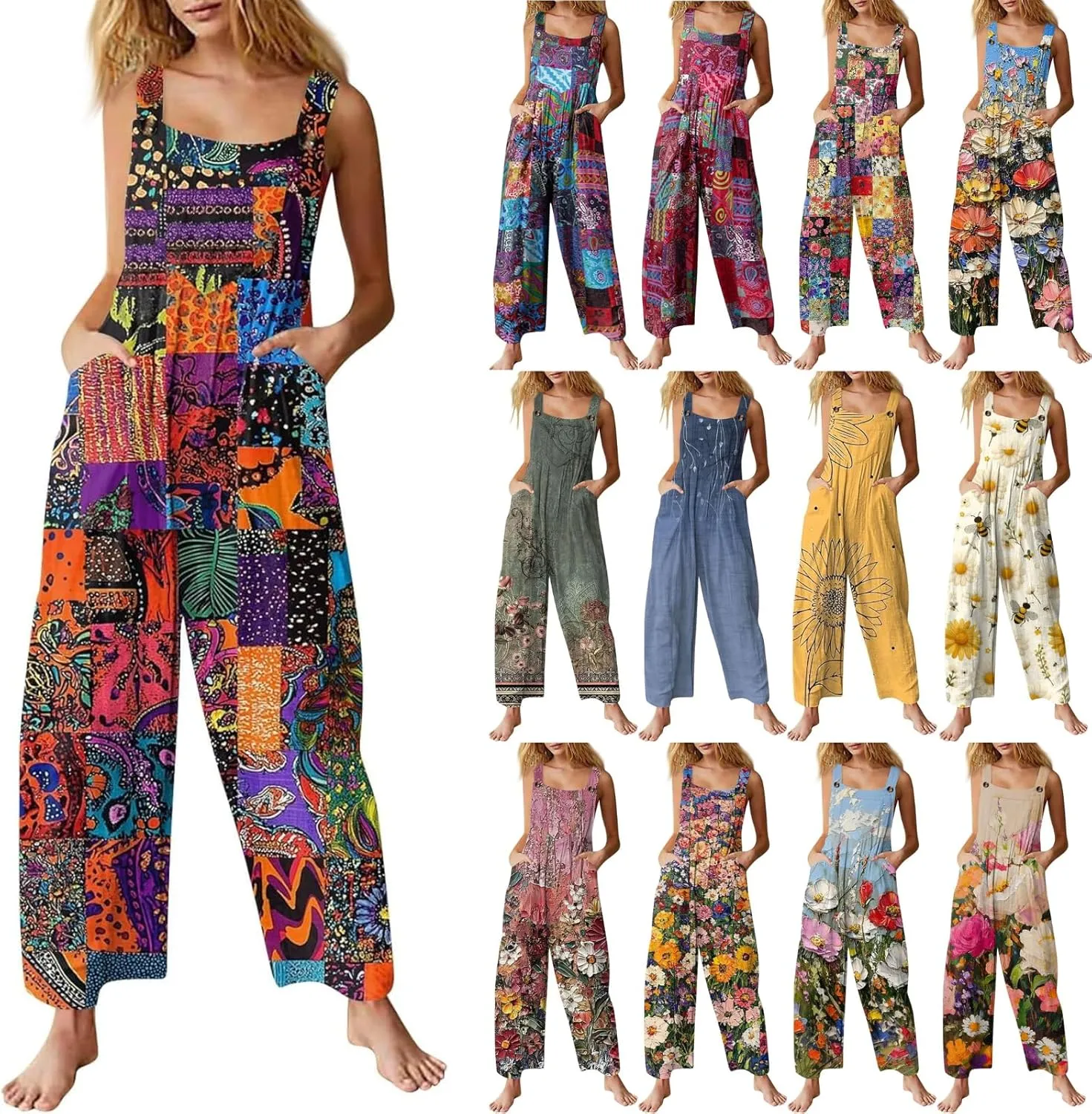 Summer Plus Size Floral Boho Cotton Linen Overalls for Women 2025 Print Wide Leg Jumpsuit Pants Rompers with Pockets