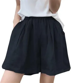 Summer Shorts for Women Solid Elastic High Waist Wide Legs Shorts Loose Roll Up Hem Beach Hippie Cropped Pant Pockets