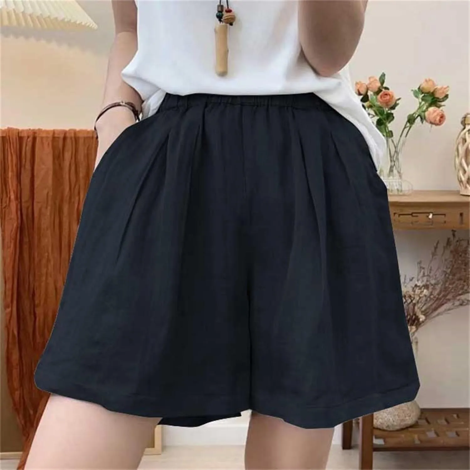Summer Shorts for Women Solid Elastic High Waist Wide Legs Shorts Loose Roll Up Hem Beach Hippie Cropped Pant Pockets