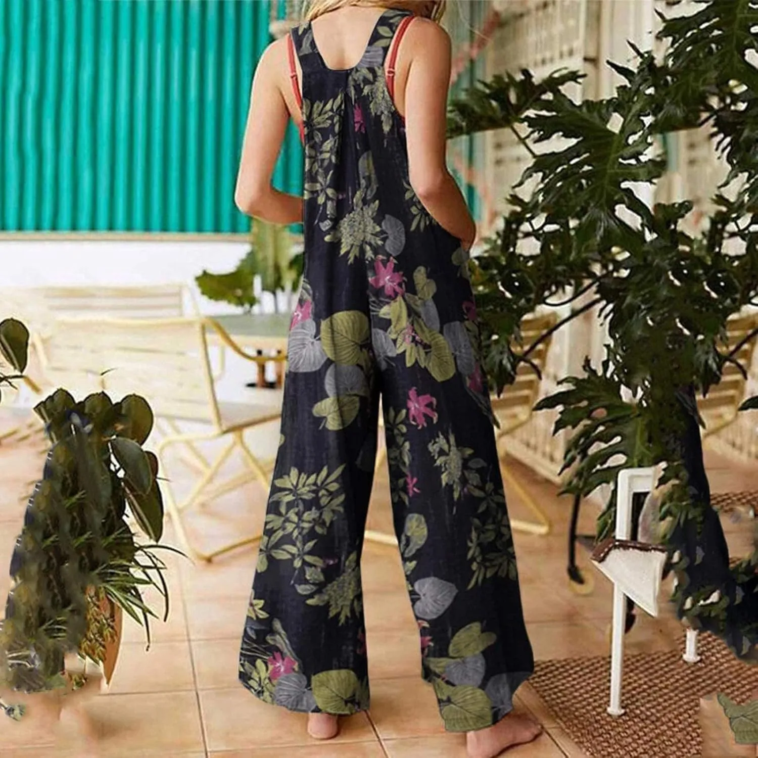 WANZZXCSL Jumpsuit for Women 2025 Dressy Casual Adjustable Straps Sleeveless Print Summer Cute Linen Rompers with Pocket