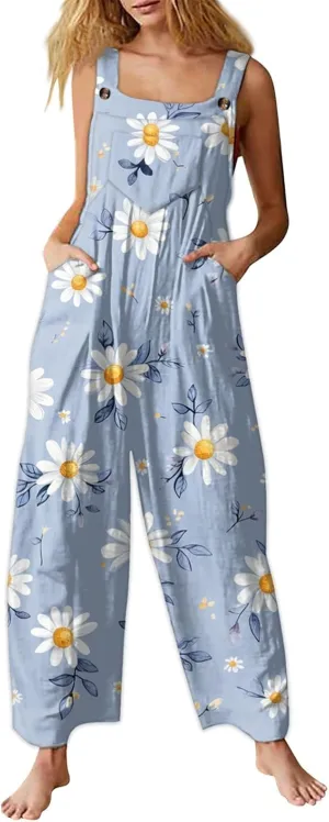 WANZZXCSL Jumpsuit for Women 2025 Dressy Casual Adjustable Straps Sleeveless Print Summer Cute Linen Rompers with Pocket