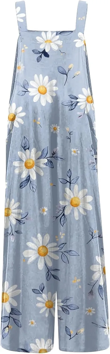 WANZZXCSL Jumpsuit for Women 2025 Dressy Casual Adjustable Straps Sleeveless Print Summer Cute Linen Rompers with Pocket