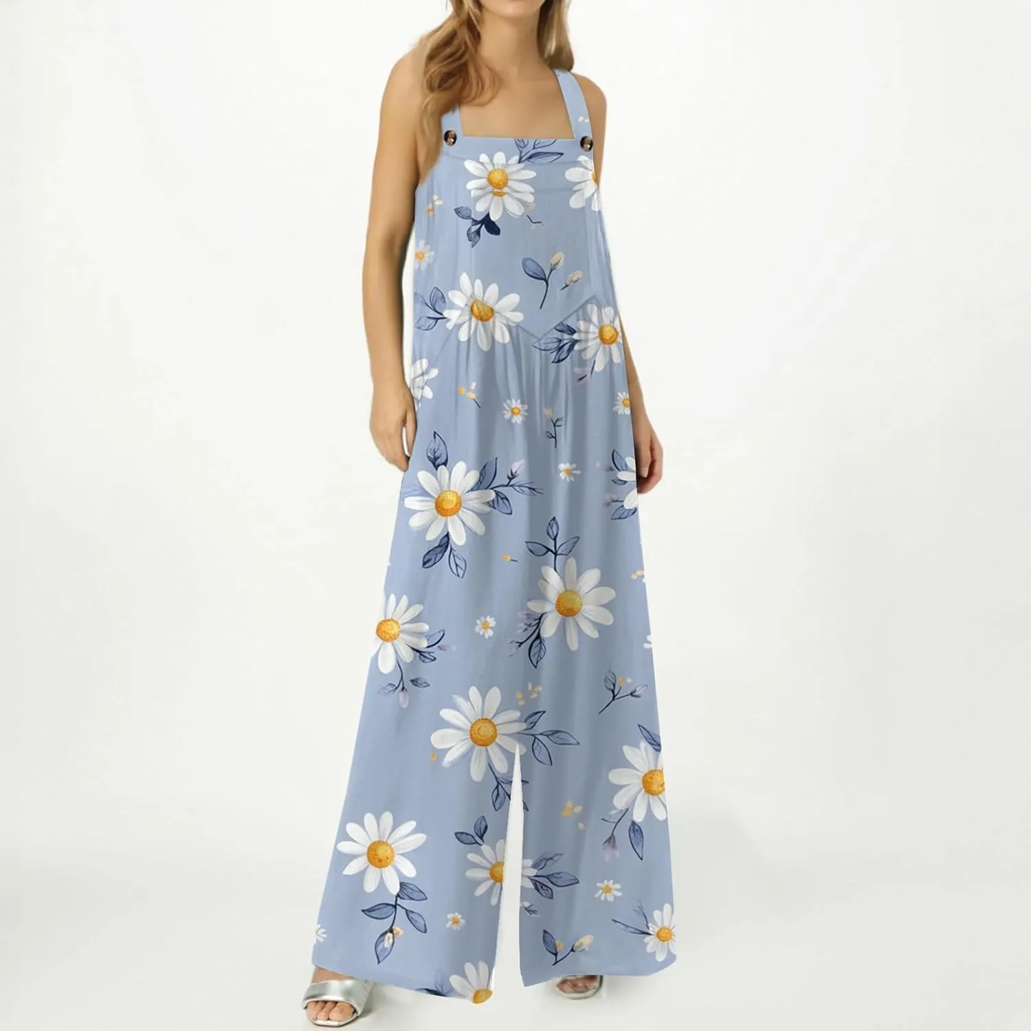 WANZZXCSL Jumpsuit for Women 2025 Dressy Casual Adjustable Straps Sleeveless Print Summer Cute Linen Rompers with Pocket