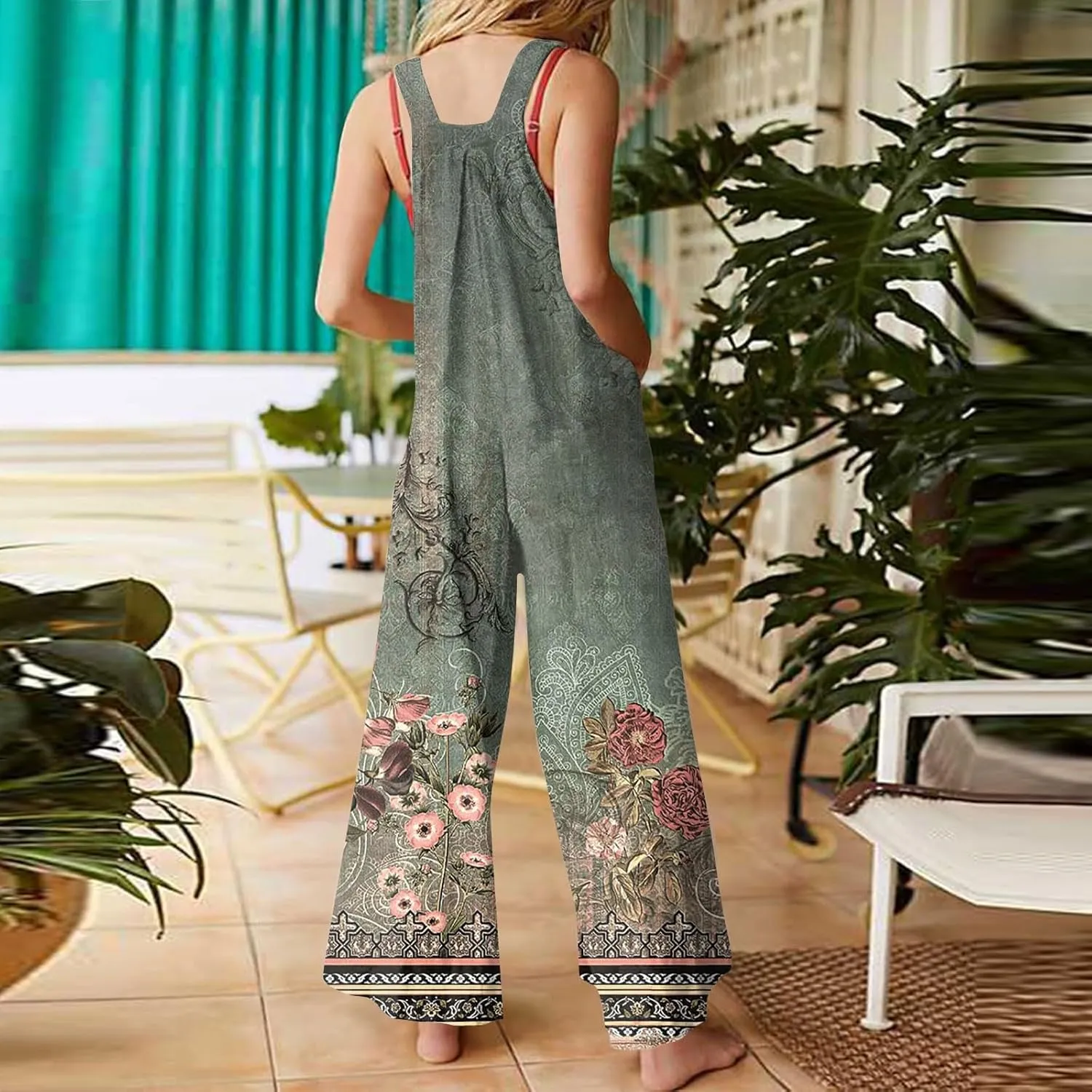 WANZZXCSL Jumpsuit for Women 2025 Dressy Casual Adjustable Straps Sleeveless Print Summer Cute Linen Rompers with Pocket