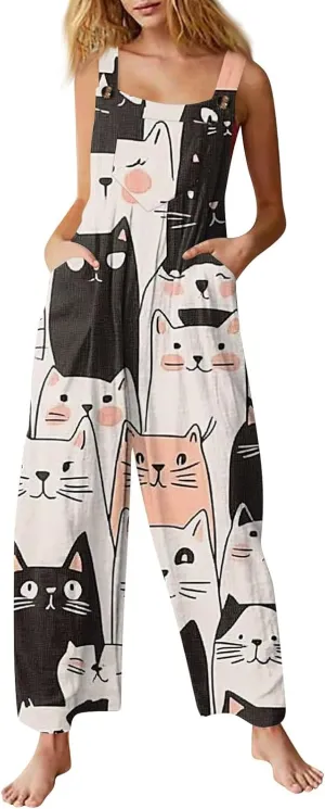WANZZXCSL Jumpsuit for Women 2025 Dressy Casual Adjustable Straps Sleeveless Print Summer Cute Linen Rompers with Pocket