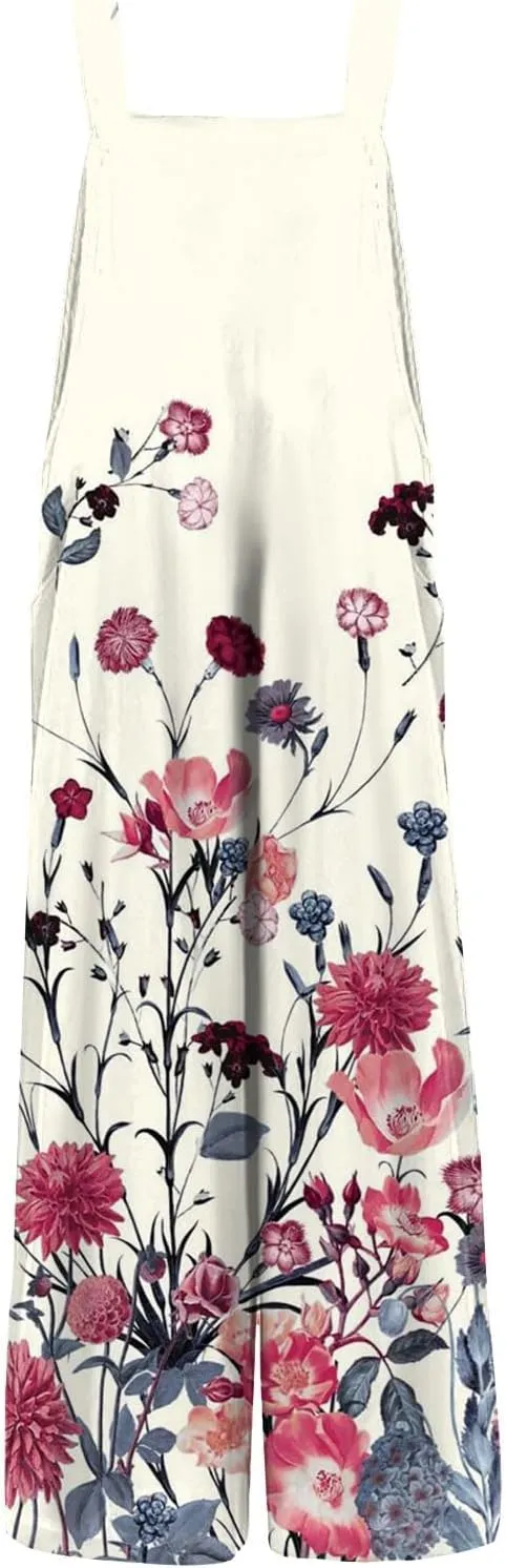 WANZZXCSL Jumpsuit for Women 2025 Dressy Casual Adjustable Straps Sleeveless Print Summer Cute Linen Rompers with Pocket