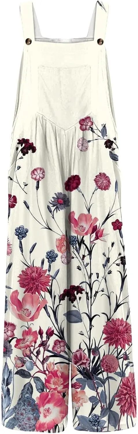 WANZZXCSL Jumpsuit for Women 2025 Dressy Casual Adjustable Straps Sleeveless Print Summer Cute Linen Rompers with Pocket