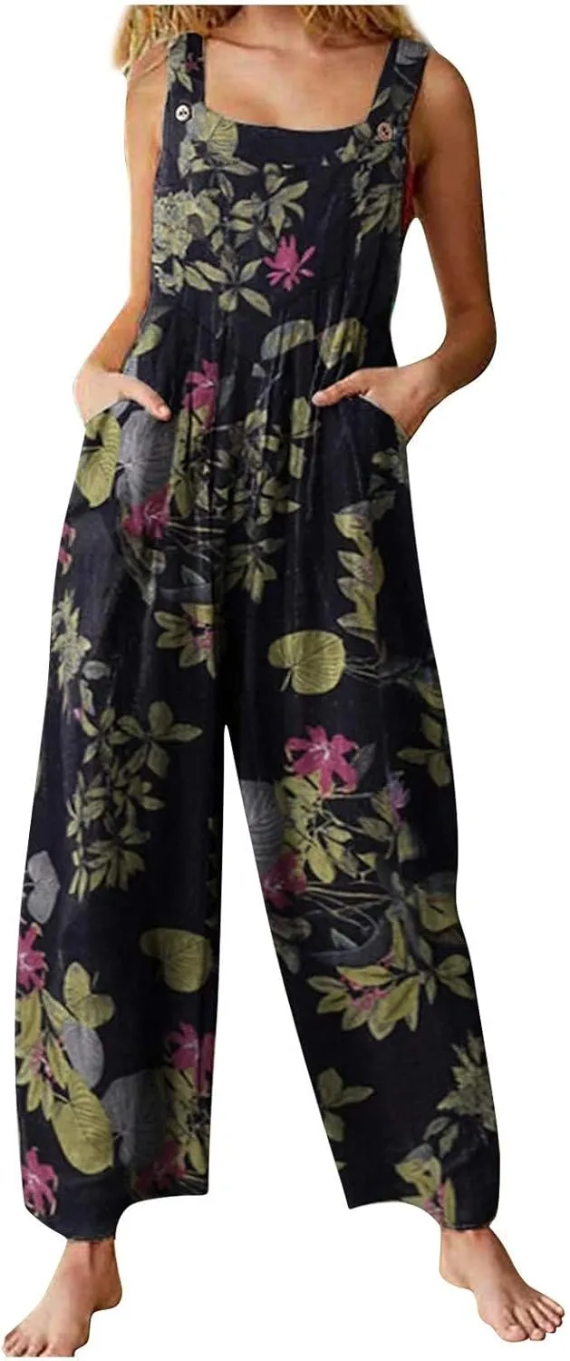 WANZZXCSL Jumpsuit for Women 2025 Dressy Casual Adjustable Straps Sleeveless Print Summer Cute Linen Rompers with Pocket