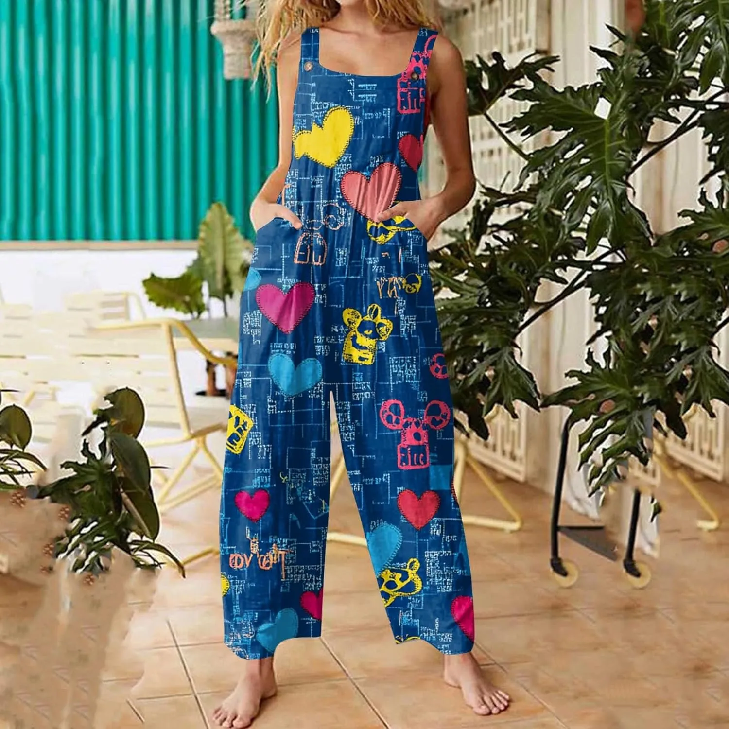 WANZZXCSL Jumpsuit for Women 2025 Dressy Casual Adjustable Straps Sleeveless Print Summer Cute Linen Rompers with Pocket