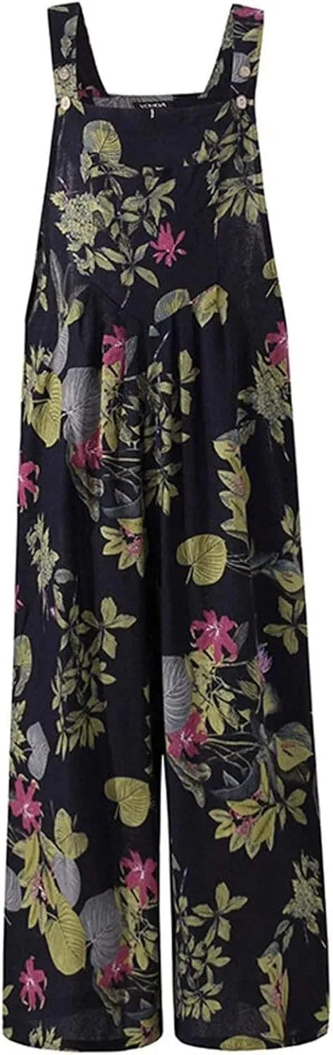 WANZZXCSL Jumpsuit for Women 2025 Dressy Casual Adjustable Straps Sleeveless Print Summer Cute Linen Rompers with Pocket