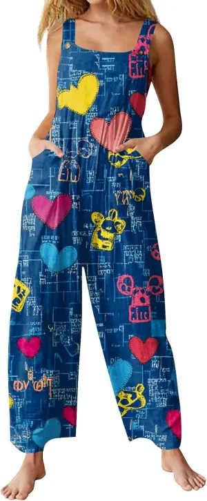 WANZZXCSL Jumpsuit for Women 2025 Dressy Casual Adjustable Straps Sleeveless Print Summer Cute Linen Rompers with Pocket