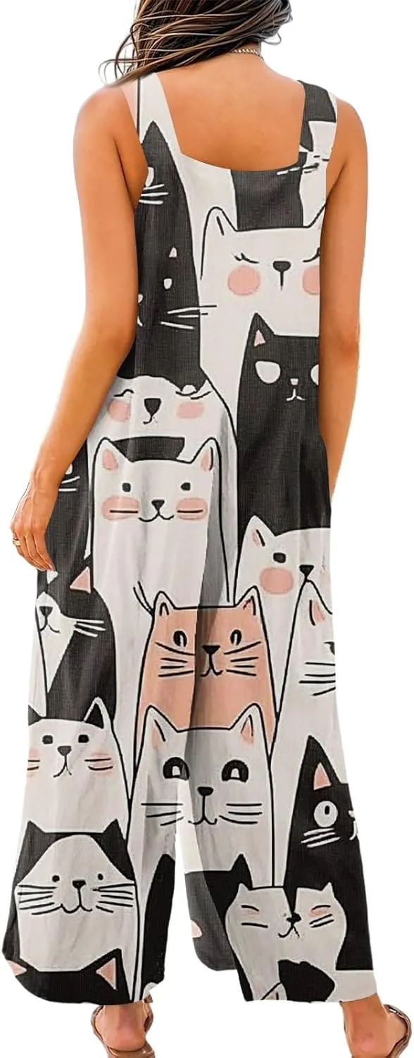 WANZZXCSL Jumpsuit for Women 2025 Dressy Casual Adjustable Straps Sleeveless Print Summer Cute Linen Rompers with Pocket