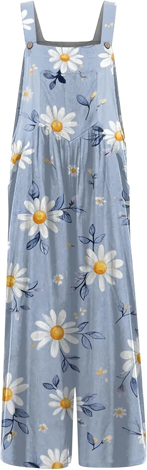 WANZZXCSL Jumpsuit for Women 2025 Dressy Casual Adjustable Straps Sleeveless Print Summer Cute Linen Rompers with Pocket