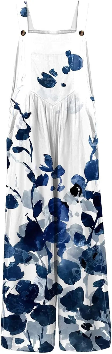 WANZZXCSL Jumpsuit for Women 2025 Dressy Casual Adjustable Straps Sleeveless Print Summer Cute Linen Rompers with Pocket