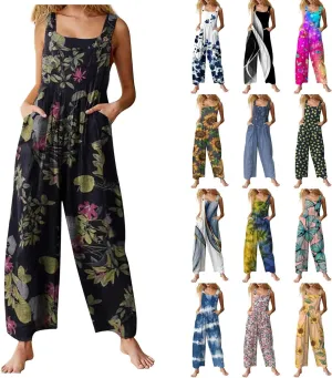 WANZZXCSL Jumpsuit for Women 2025 Dressy Casual Adjustable Straps Sleeveless Print Summer Cute Linen Rompers with Pocket