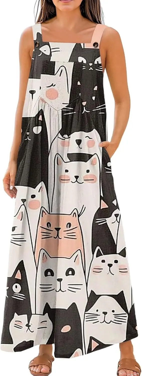 WANZZXCSL Jumpsuit for Women 2025 Dressy Casual Adjustable Straps Sleeveless Print Summer Cute Linen Rompers with Pocket