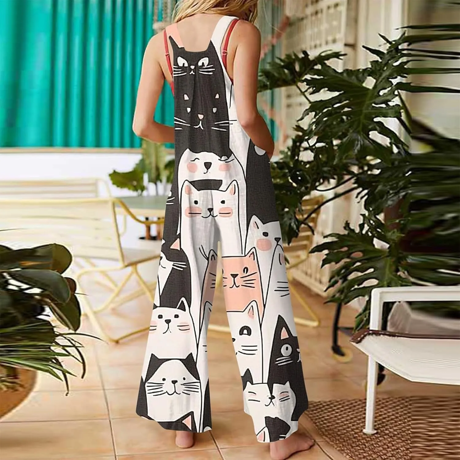 WANZZXCSL Jumpsuit for Women 2025 Dressy Casual Adjustable Straps Sleeveless Print Summer Cute Linen Rompers with Pocket