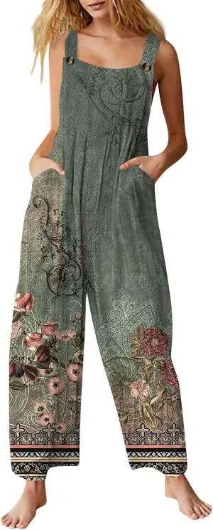 WANZZXCSL Jumpsuit for Women 2025 Dressy Casual Adjustable Straps Sleeveless Print Summer Cute Linen Rompers with Pocket