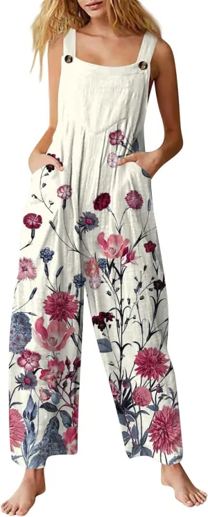 WANZZXCSL Jumpsuit for Women 2025 Dressy Casual Adjustable Straps Sleeveless Print Summer Cute Linen Rompers with Pocket