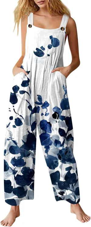 WANZZXCSL Jumpsuit for Women 2025 Dressy Casual Adjustable Straps Sleeveless Print Summer Cute Linen Rompers with Pocket
