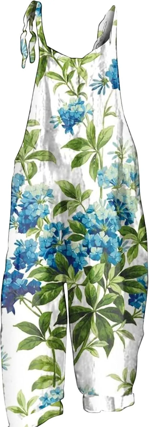 WANZZXCSL Jumpsuit for Women 2025 Trendy Floral Print Loose Fit Casual Sleeveless Cotton Linen Overalls Rompers