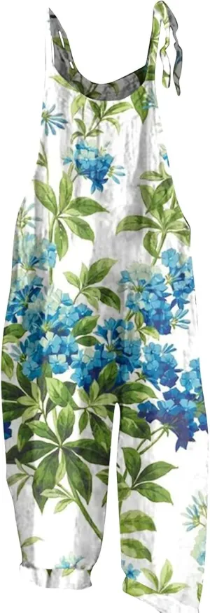 WANZZXCSL Jumpsuit for Women 2025 Trendy Floral Print Loose Fit Casual Sleeveless Cotton Linen Overalls Rompers
