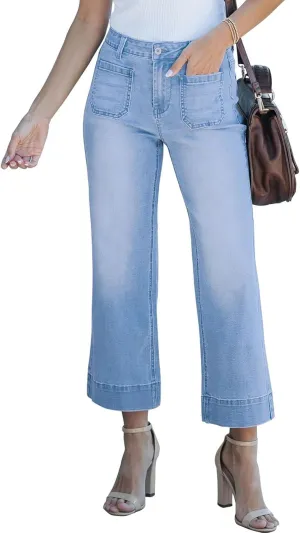 Wide Leg Jeans Woman Cropped Flare Trousers High Waisted Denim Pants Stretchy Baggy Jeans with Patch Pockets for Women