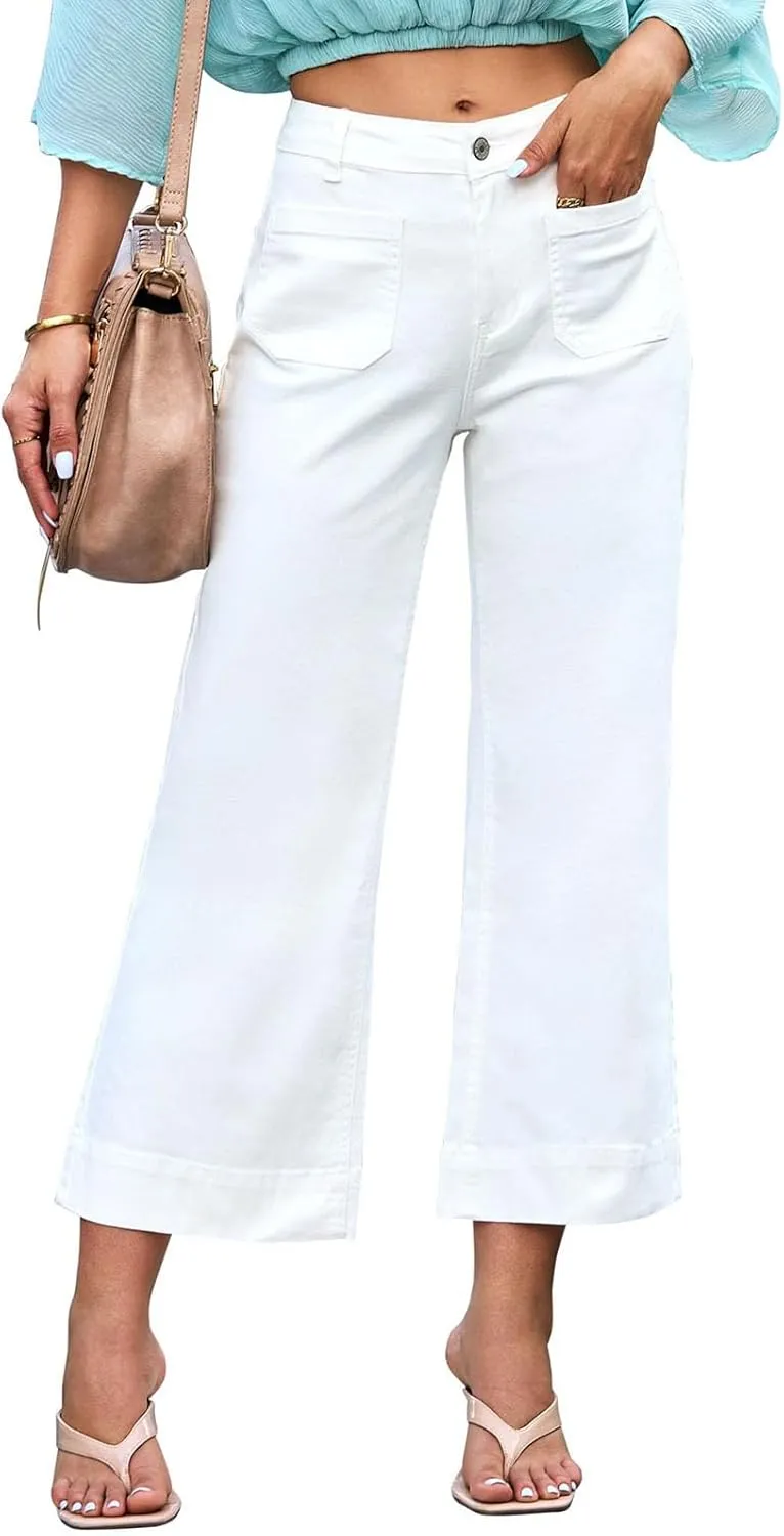 Wide Leg Jeans Woman Cropped Flare Trousers High Waisted Denim Pants Stretchy Baggy Jeans with Patch Pockets for Women