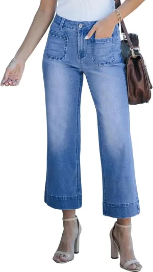 Wide Leg Jeans Woman Cropped Flare Trousers High Waisted Denim Pants Stretchy Baggy Jeans with Patch Pockets for Women