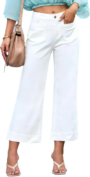 Wide Leg Jeans Woman Cropped Flare Trousers High Waisted Denim Pants Stretchy Baggy Jeans with Patch Pockets for Women