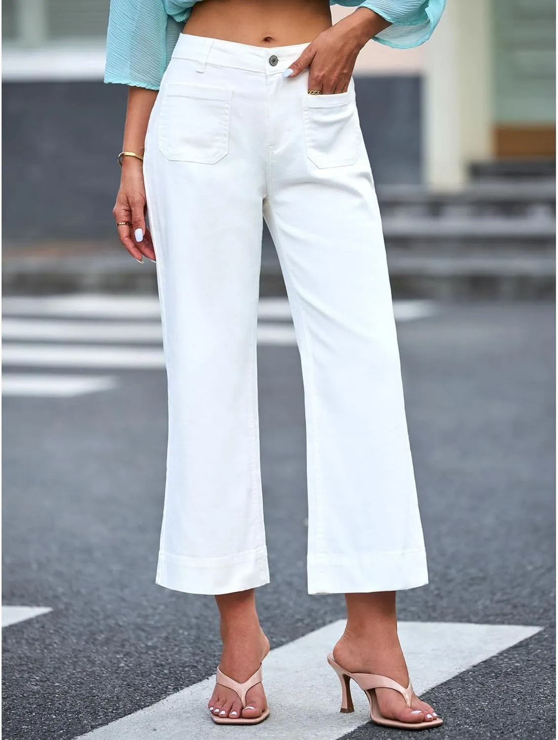 Wide Leg Jeans Woman Cropped Flare Trousers High Waisted Denim Pants Stretchy Baggy Jeans with Patch Pockets for Women