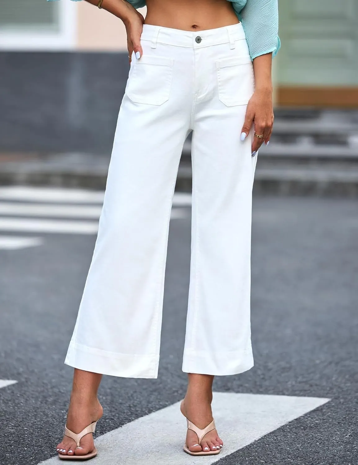 Wide Leg Jeans Woman Cropped Flare Trousers High Waisted Denim Pants Stretchy Baggy Jeans with Patch Pockets for Women