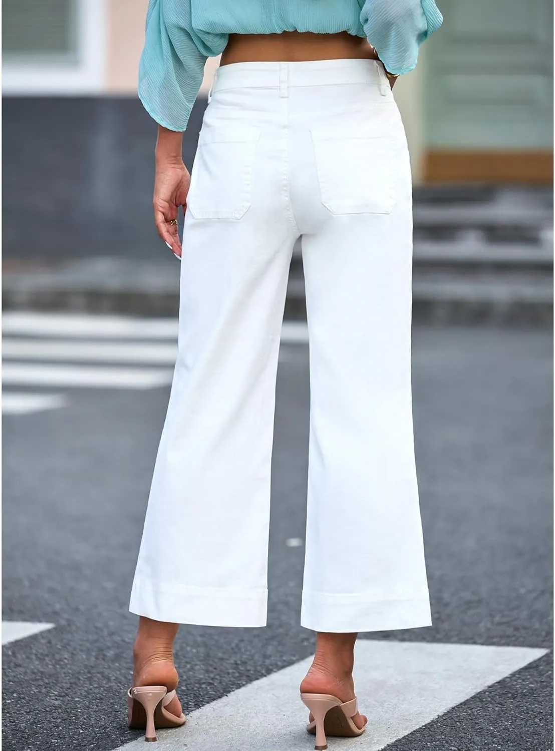 Wide Leg Jeans Woman Cropped Flare Trousers High Waisted Denim Pants Stretchy Baggy Jeans with Patch Pockets for Women