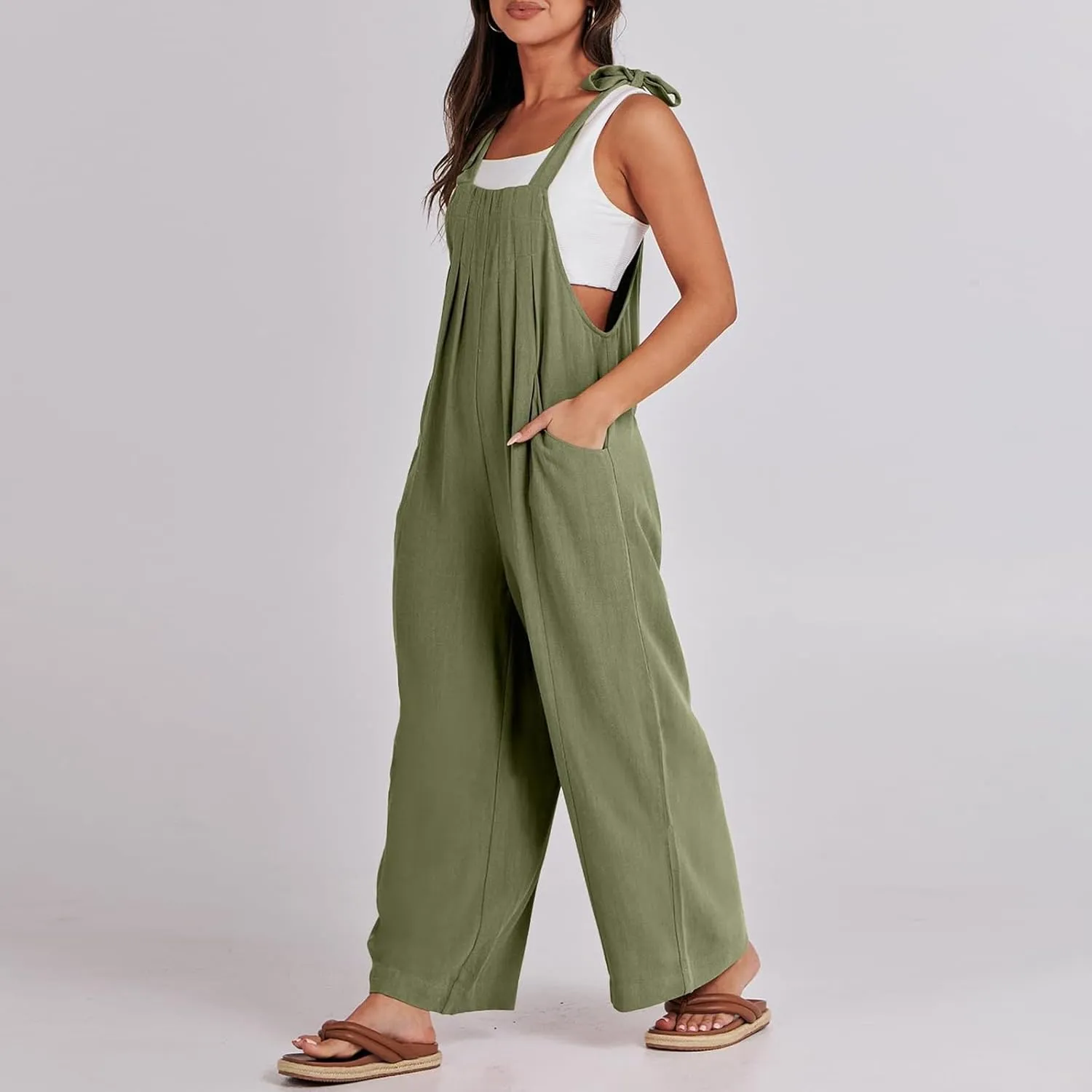 Wide Leg Overalls for Women Loose Fit Casual Sleeveless Linen Jumpsuit Tie Straps Bib Summer Rompers with Pockets