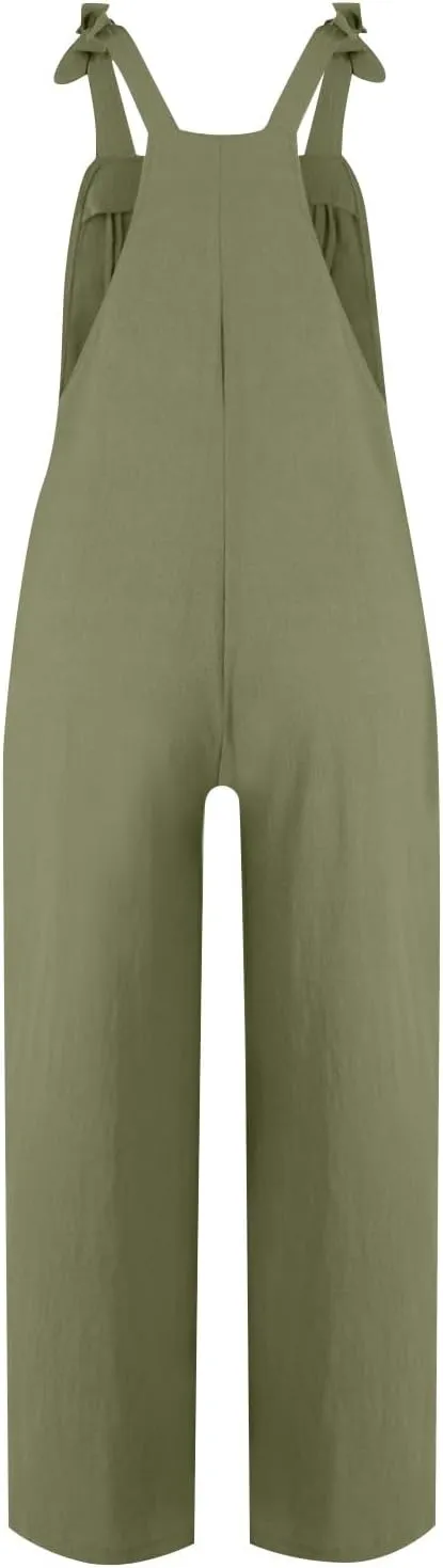 Wide Leg Overalls for Women Loose Fit Casual Sleeveless Linen Jumpsuit Tie Straps Bib Summer Rompers with Pockets